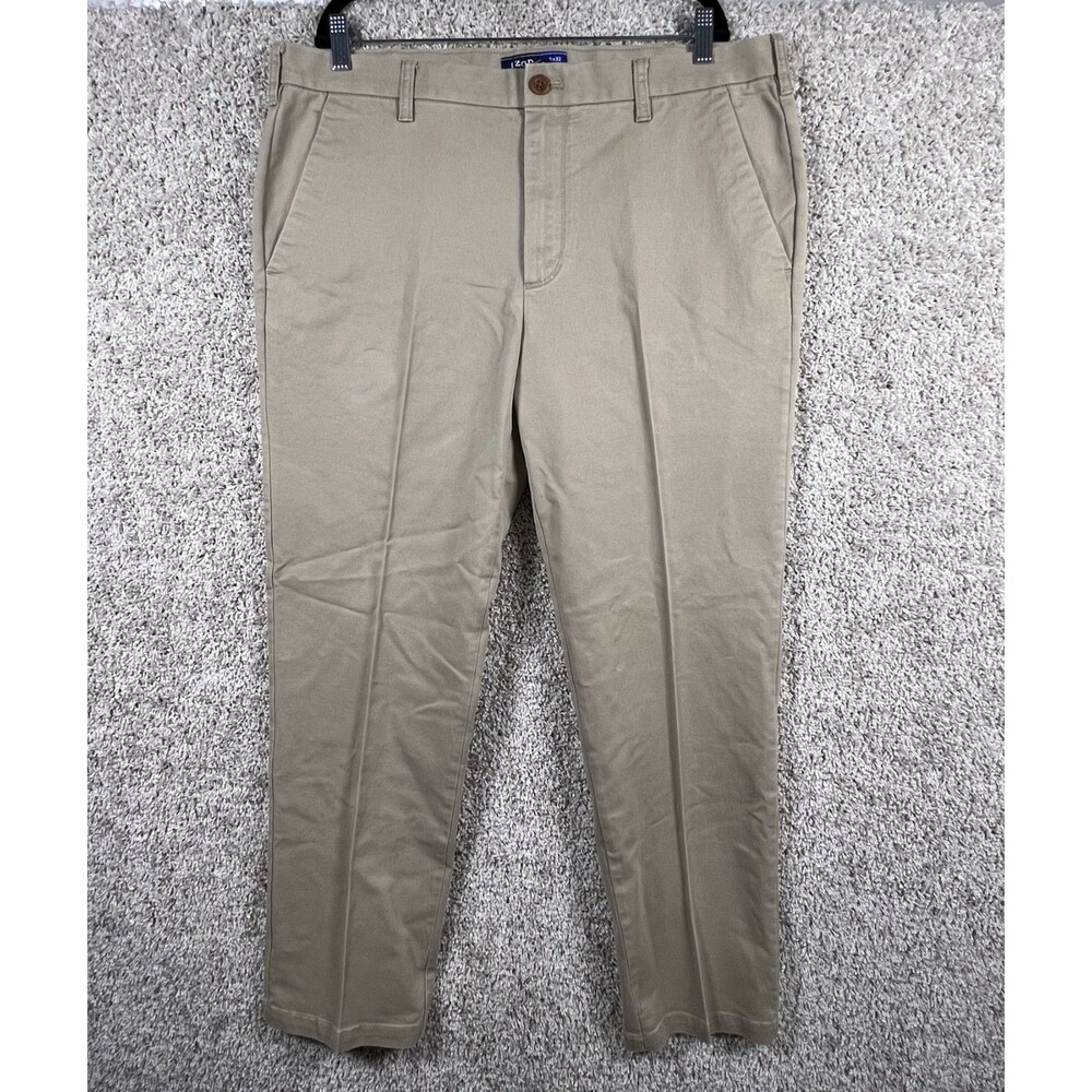 IZOD Men’s Khaki Pants 38x32 Straight Fit Stretch Beige Chino Casual Dress